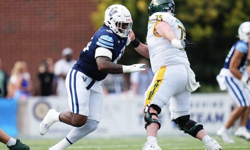 Villanova Football defensive tackle Ivan Murray (left) battles in the trenches against William & Mary. Image courtesy of Ivan Murray's Instagram account