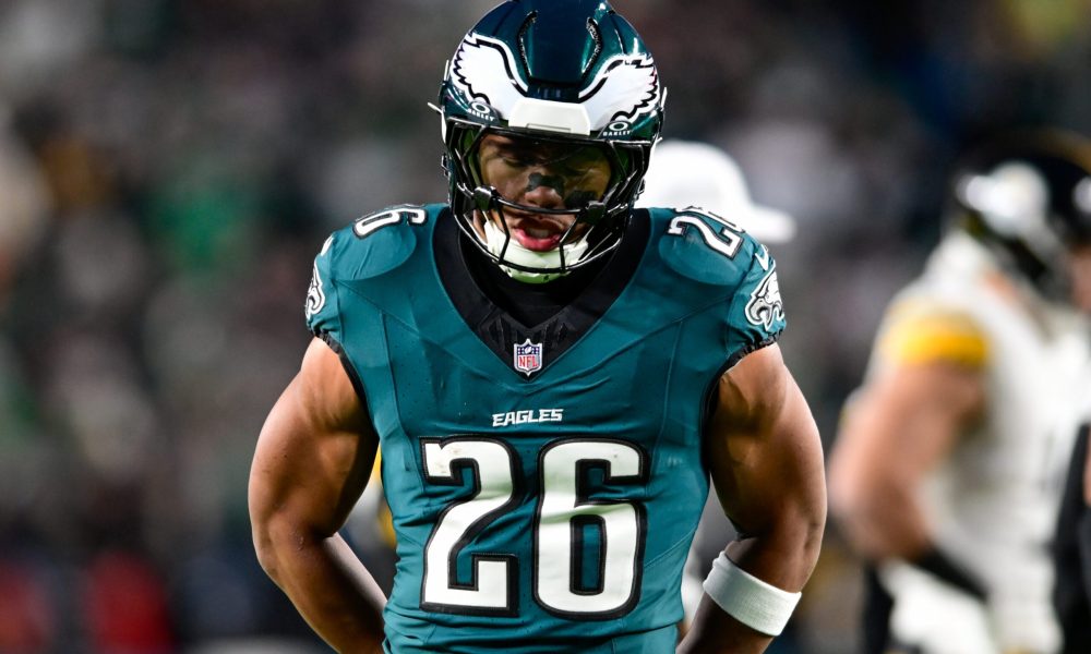 Philadelphia Eagles running back Saquon Barkley in a game against the Pittsburgh Steelers on Dec. 16, 2024. -- Ed Thompson / Steelers Now