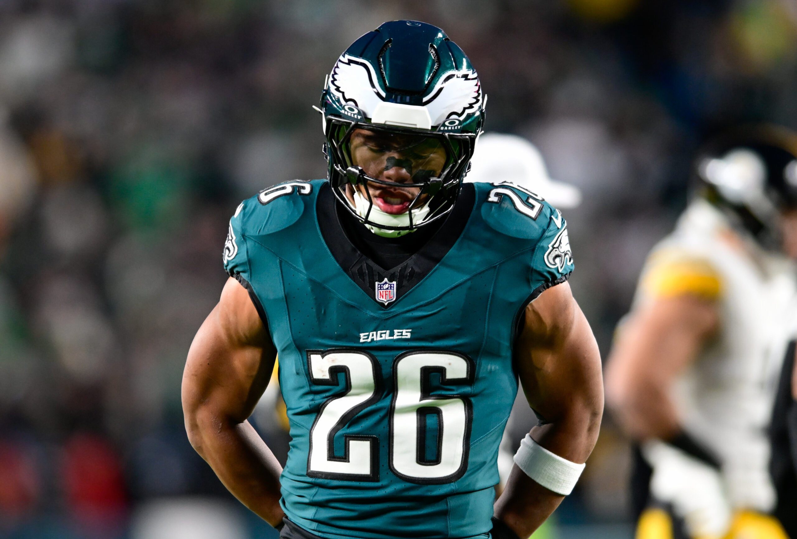 Philadelphia Eagles running back Saquon Barkley in a game against the Pittsburgh Steelers on Dec. 16, 2024. -- Ed Thompson / Steelers Now