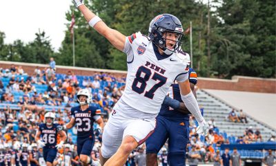 Penn Football freshman receiver Mason Page celebrates after a touchdown. Image via Penn Football's Twitter (X) account