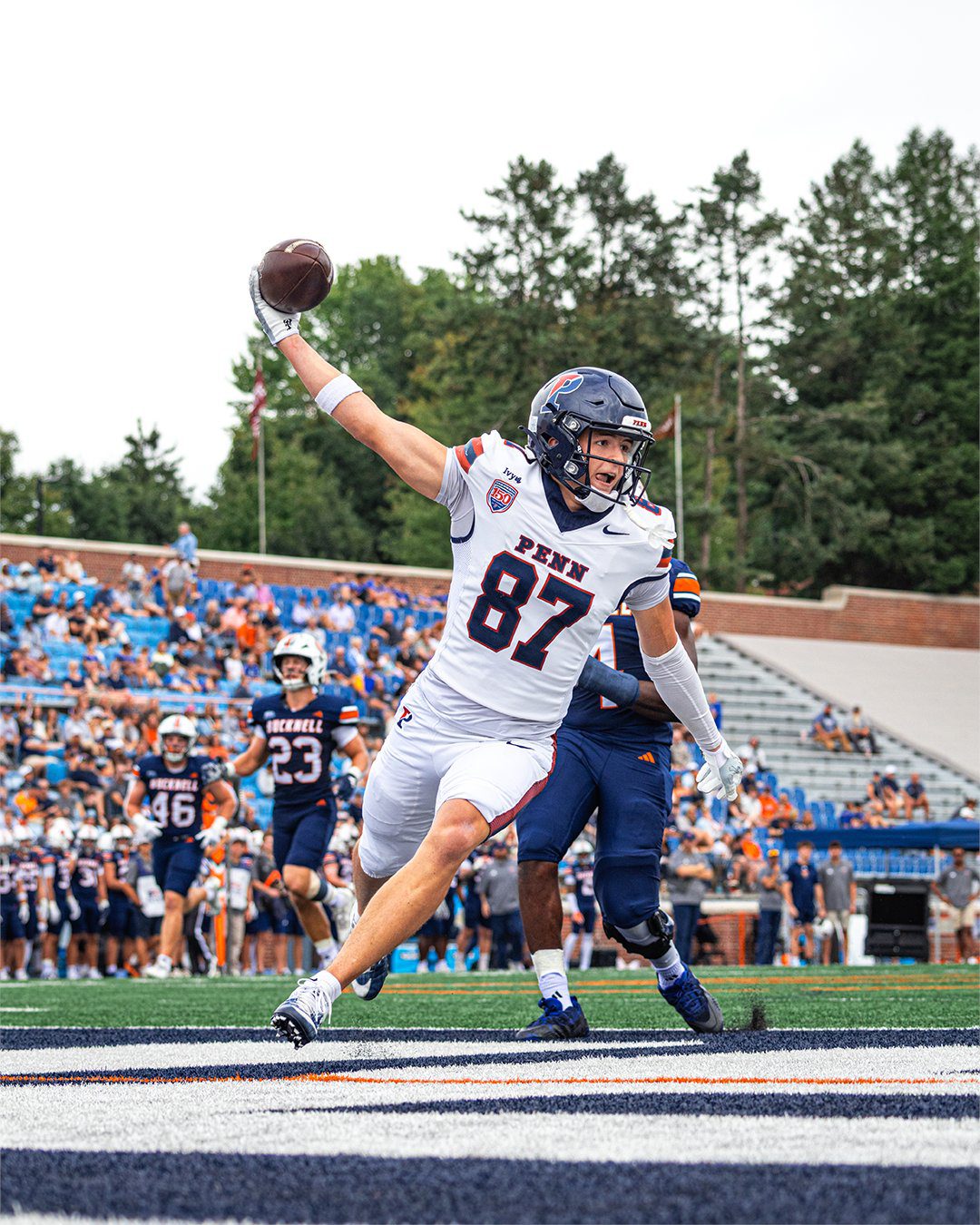Penn Football freshman receiver Mason Page celebrates after a touchdown. Image via Penn Football's Twitter (X) account