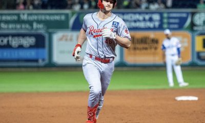 Phillies catcher prospect Caleb Ricketts runs the bases. Image courtesy of Fightins' Instagram account.