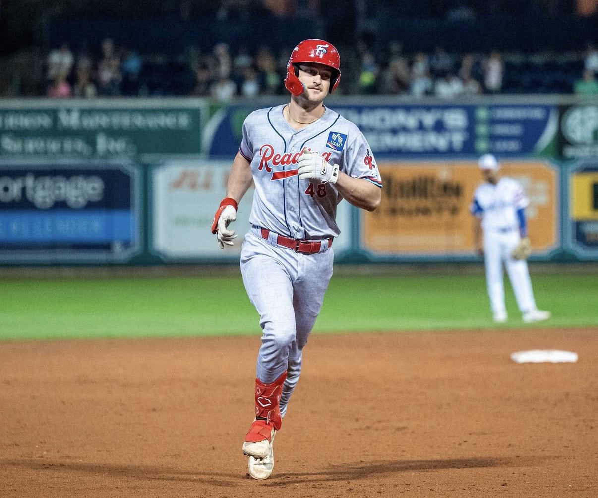 Phillies catcher prospect Caleb Ricketts runs the bases. Image courtesy of Fightins' Instagram account.