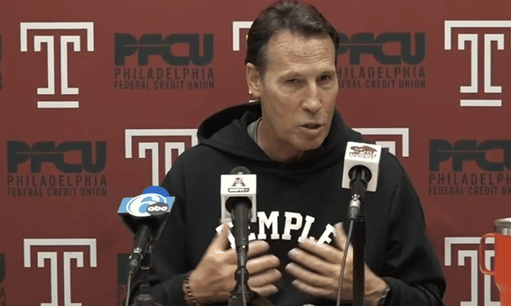 Temple head coach K.C. Keeler speaks with the media before playing Penn State. Image courtesy of Temple Athletics.