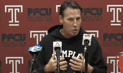 Temple head coach K.C. Keeler speaks with the media before playing Penn State. Image courtesy of Temple Athletics.