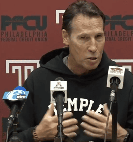 Temple head coach K.C. Keeler speaks with the media before playing Penn State. Image courtesy of Temple Athletics.