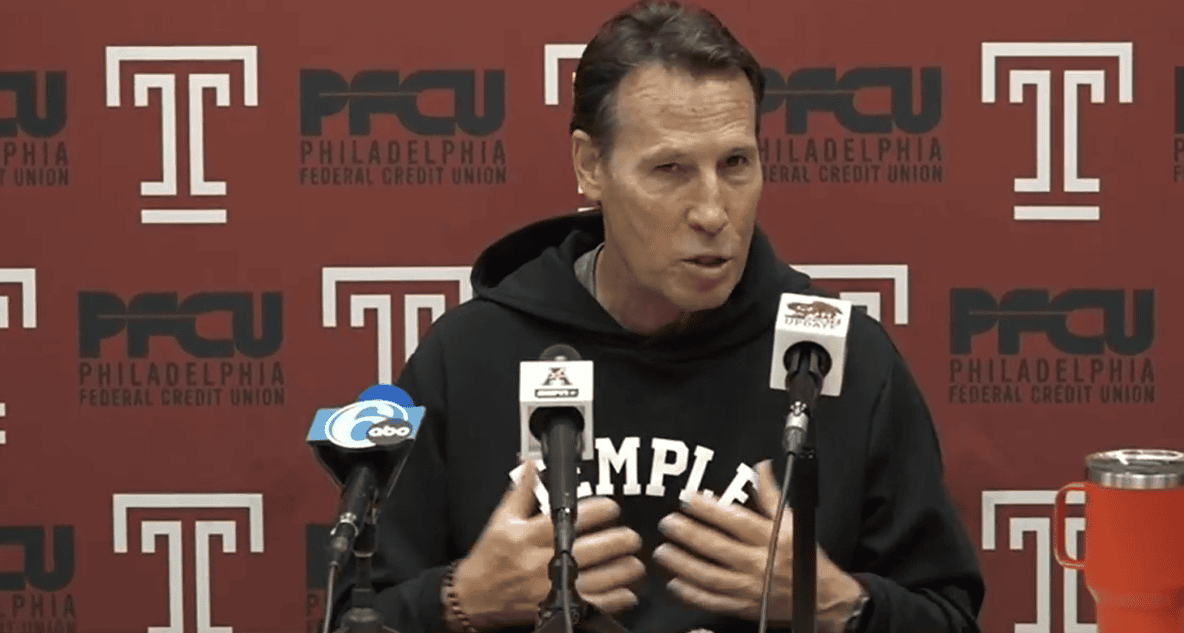 Temple head coach K.C. Keeler speaks with the media before playing Penn State. Image courtesy of Temple Athletics.
