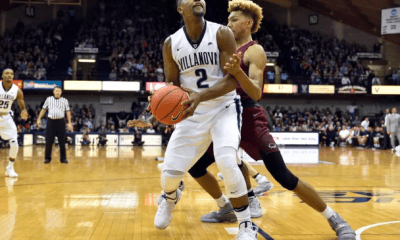 Villanova legend Kris Jenkins prepares for a shot against Saint Joseph's during the 2016-17 season. Image courtesy of Villanova Athletics