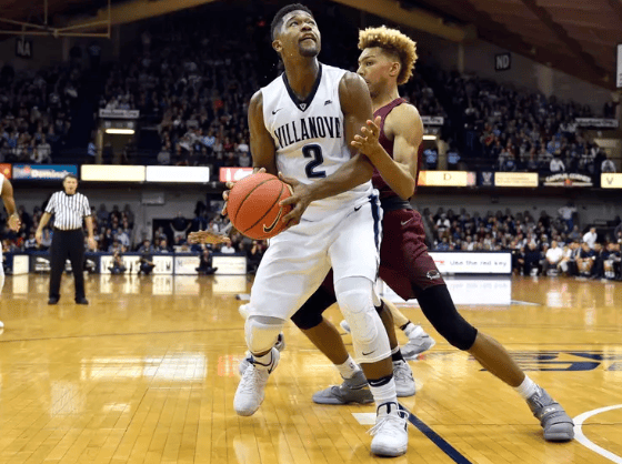 Villanova legend Kris Jenkins prepares for a shot against Saint Joseph's during the 2016-17 season. Image courtesy of Villanova Athletics