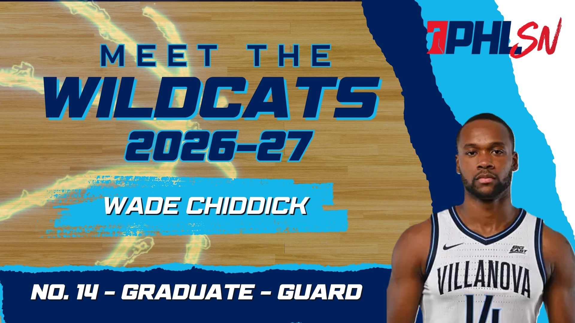 Villanova graduate guard Wade Chiddick. Graphic by Griffin Floyd/Philadelphia Sports Now